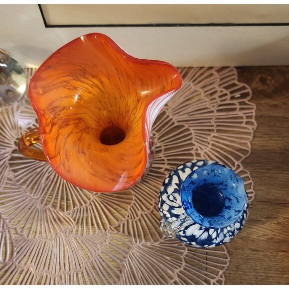 Blown Glass Orange Blue White Speckle Pitcher Vases Rainbow Glass - Picture 11 of 11